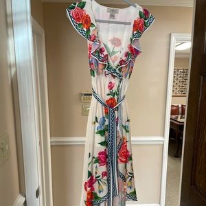 Woman’s medium ivory floral maxi/wrap dress with tie at the waist/slit in front